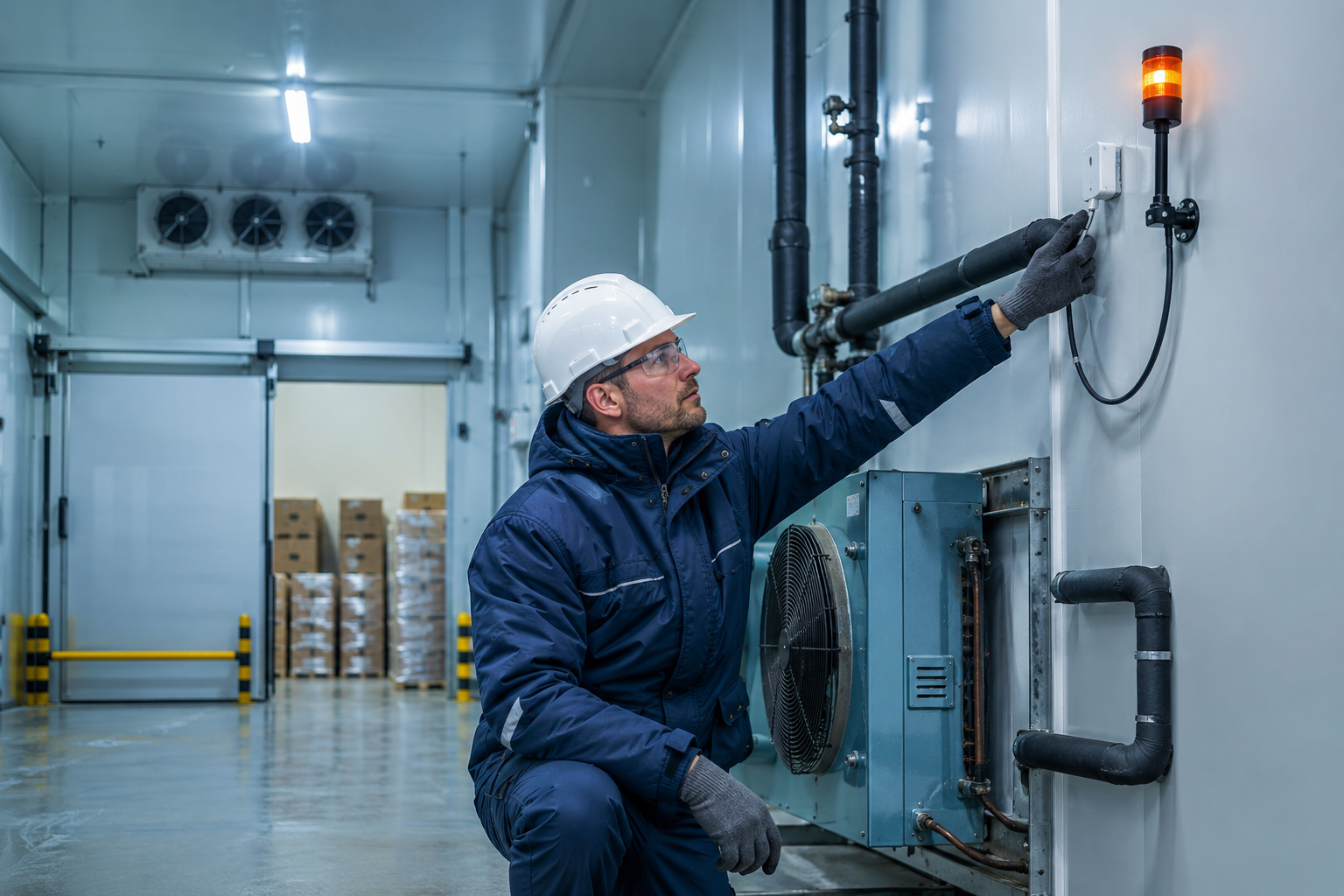 Technicien contrôlant une alarme de froid dans un entrepôt logistique