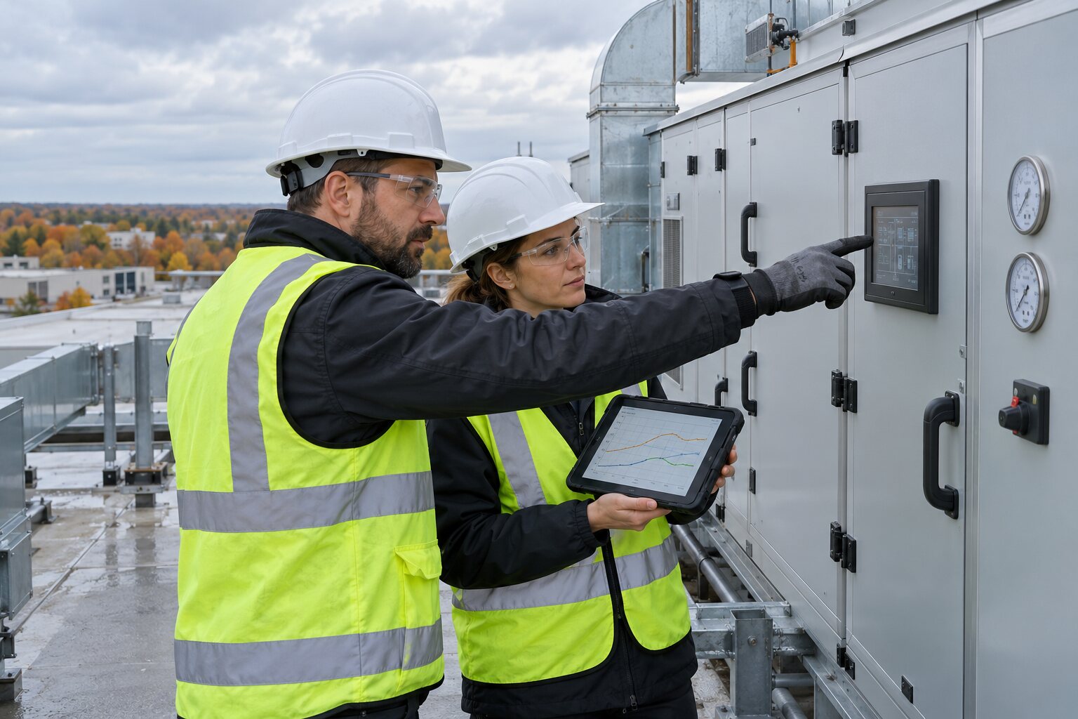 Rénovation GTB bâtiment tertiaire : ingénieur inspectant une centrale d’air