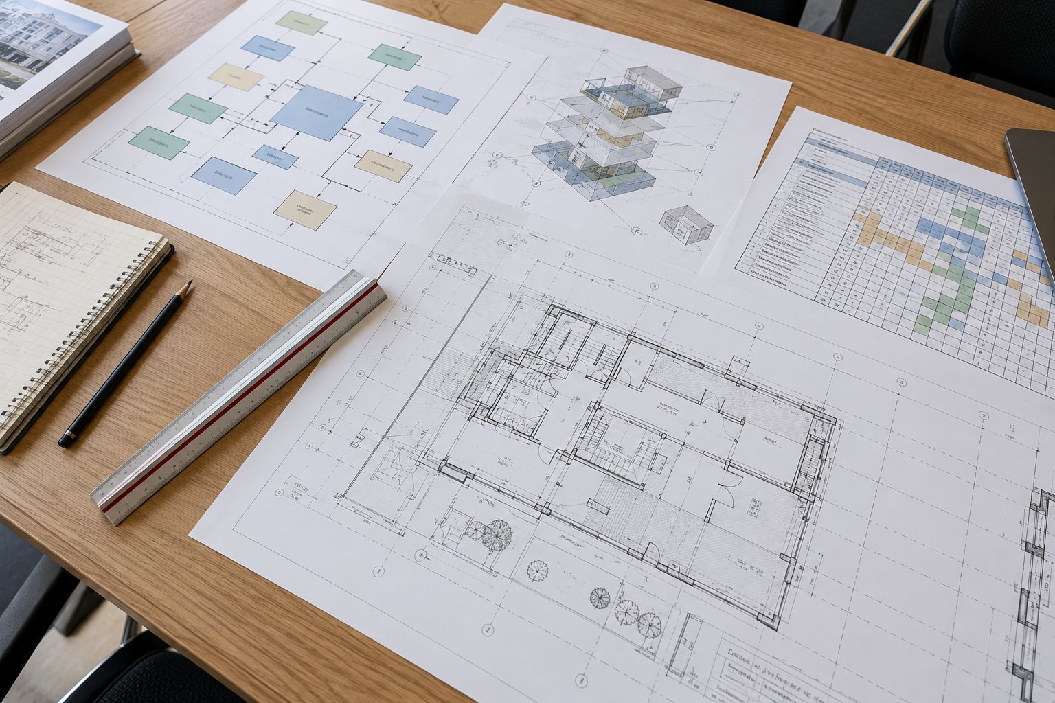 Livrables d’ingénierie bâtiment et matrice d’interfaces sur une table