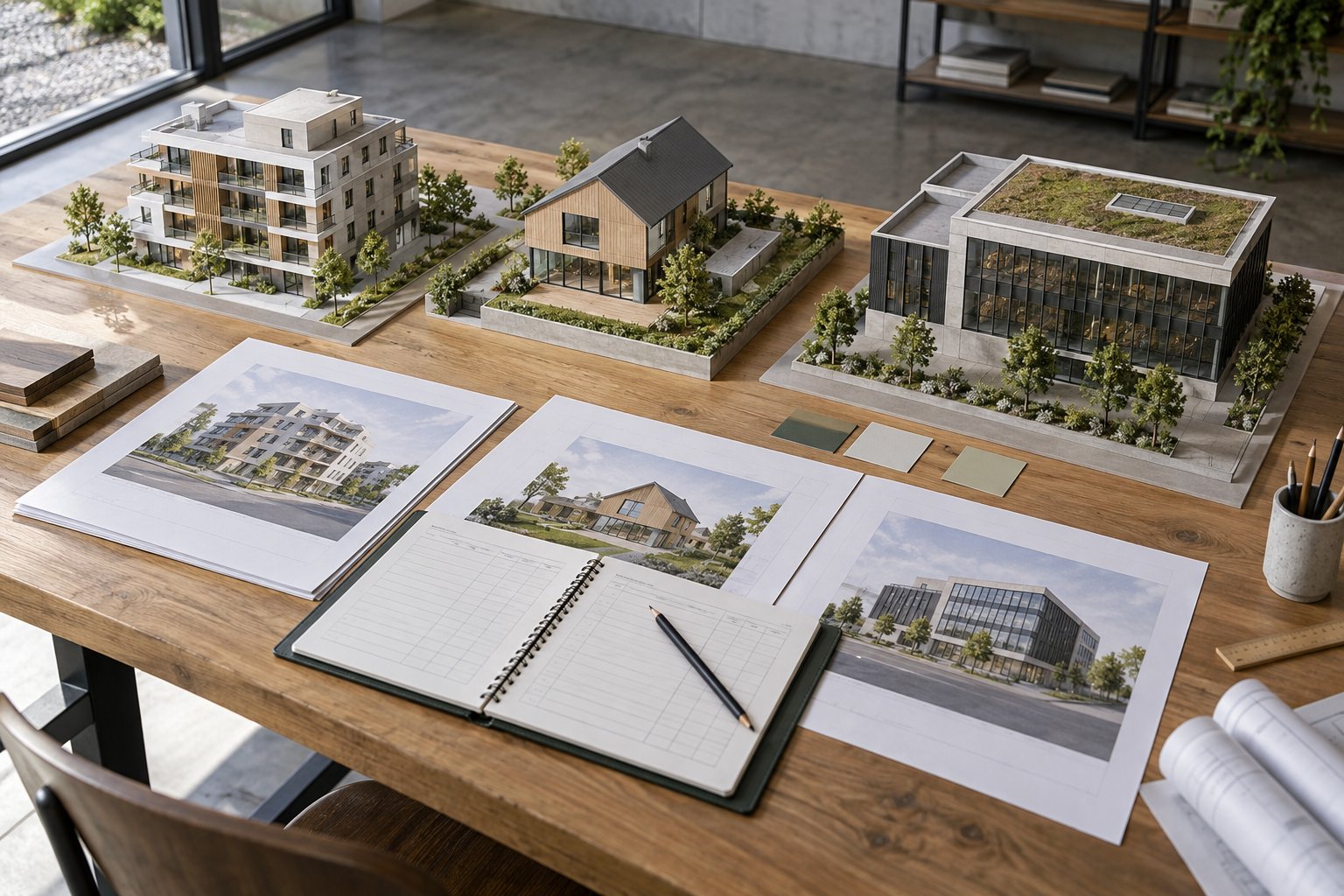 Plans de plusieurs bâtiments et registre de suivi sur une table
