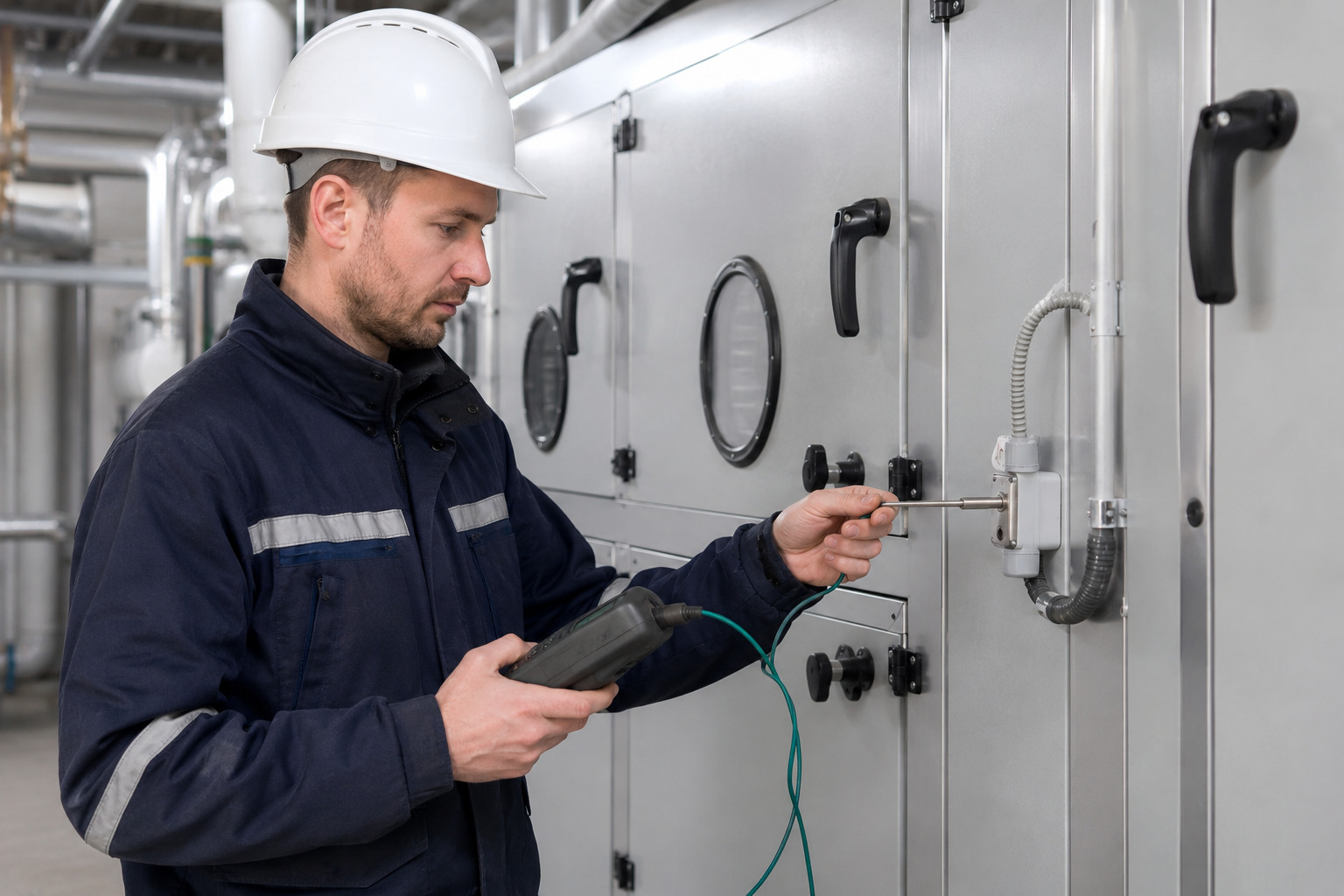 Technicien vérifiant un capteur sur une installation CVC