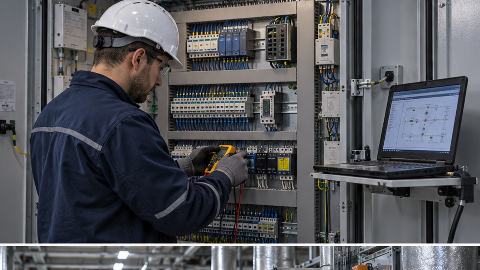 Technicien testant en sécurité une armoire de contrôle GTB avec un ordinateur