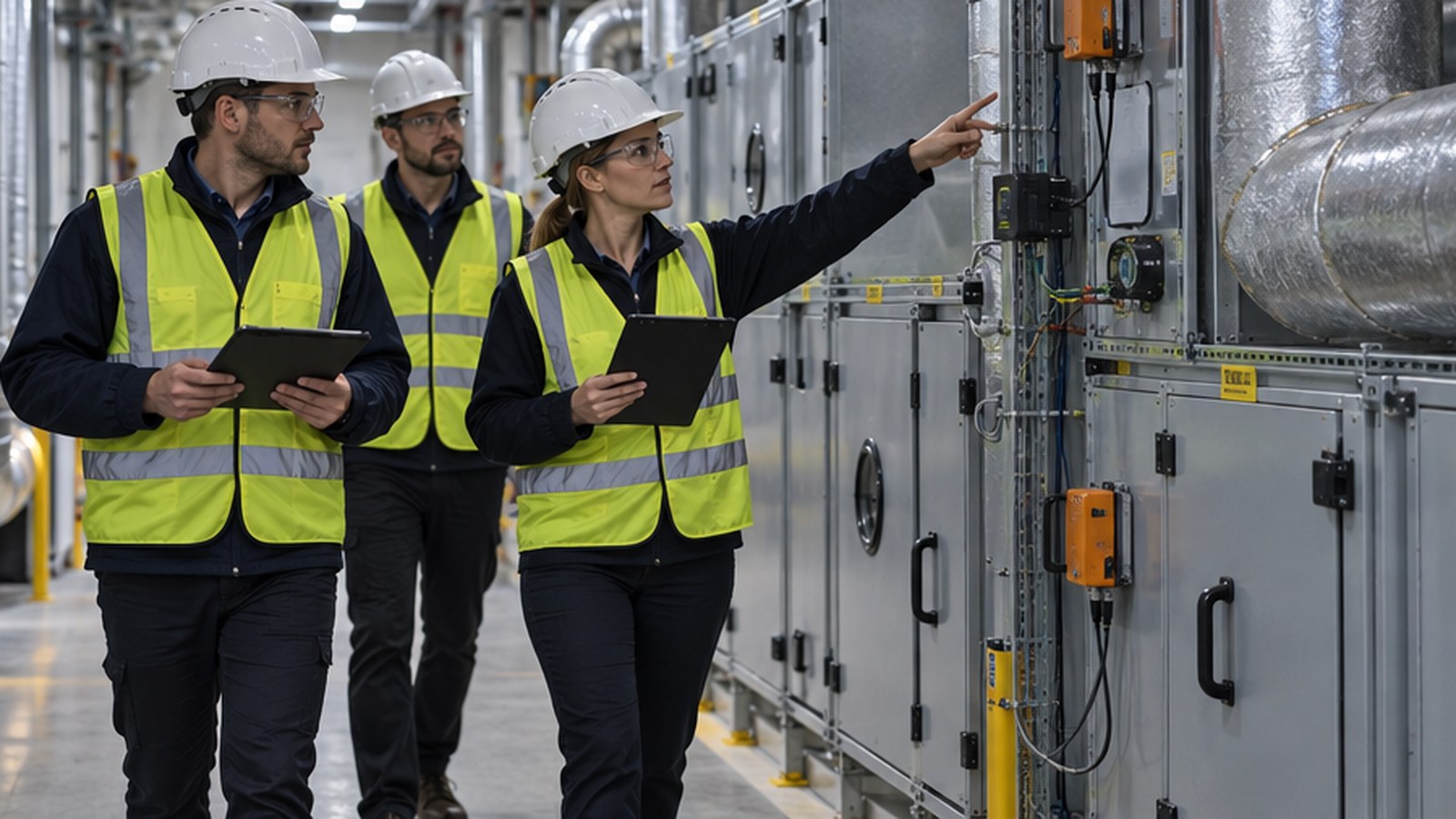 Équipe technique inspectant les équipements CVC d’un site logistique