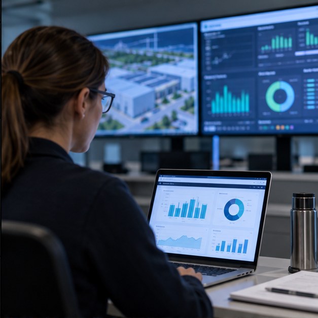 Responsable énergie analysant un tableau de bord de comptage énergétique GTB