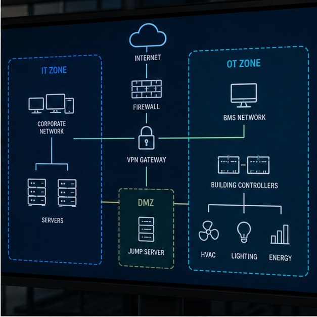 Architecture segmentée entre réseaux IT, OT et GTB